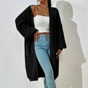 Black Casual Women's Dual Pocket Drop Shoulder Cardigan